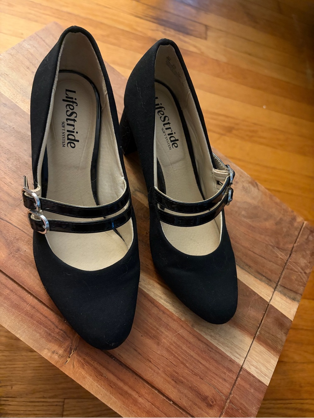 LifeStride Black Double-Strap Mary Jane Block Heels